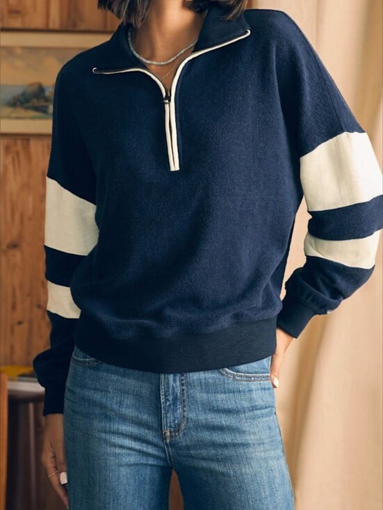 Faherty Tops - Faherty Beach Fleece Quarter Zip Navy Retro Sporty Preppy Pullover | Medium
